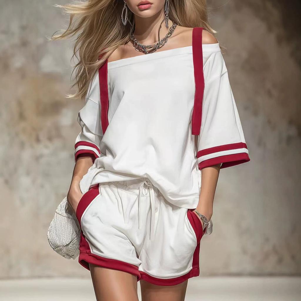 2026 Amazon European and American cross-border spring and summer women's suit off-the-shoulder top + shorts sports and leisure two-piece set