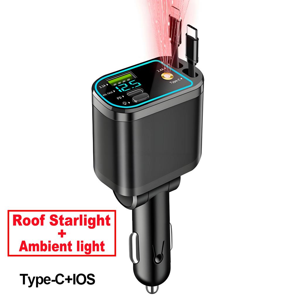4 In 1 120W Car Charger Voltage Display PD30W Fast Charging with Retractable Cable Roof Starlight For IPhone Xiaomi Samsung