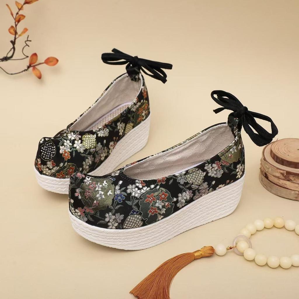 Zeppe Jacquard in Seta da Donna Scarpe Cheongsam Stile Etnico Suola Spessa Cinturino alla Caviglia Leggero Scarpe Hanfu Scarpe a Gonnellino Viso di Cavallo