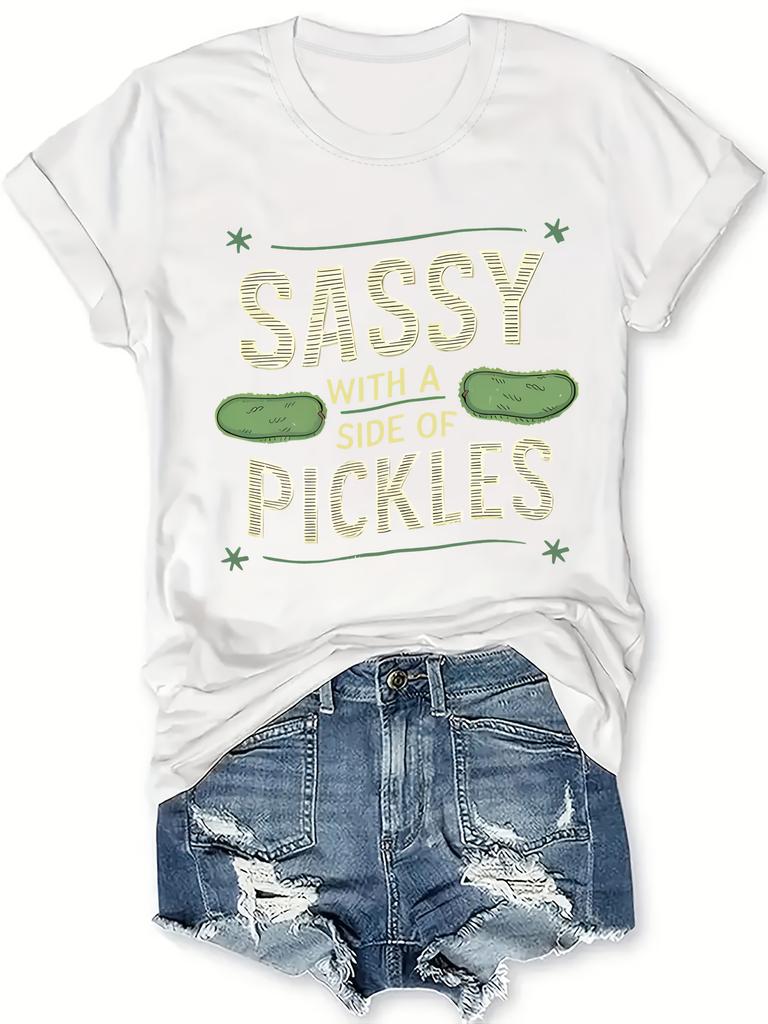 Playful Pickled Cucumber Print T-Shirt | Short Sleeve Crew Neck Casual Top for Women, Spring & Summer, Regular Length