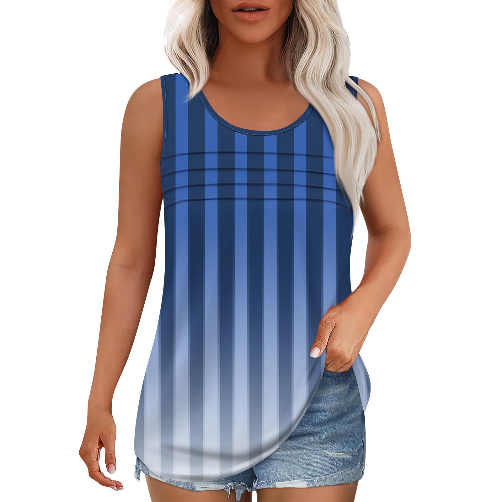 

Майка для женщин Летние наряды Без рукавов Блузки с принтом Повседневные свободные рубашки Округлый вырез Складки спереди XXL