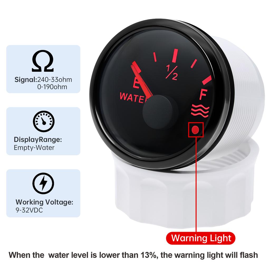 240-33 OHM Wasserstandsschwimmersensor + 52MM Wasserstandsanzeige mit Alarm Rote LED Wassertank-Messgerät Anzeige Auto Marine Boot 12V24V