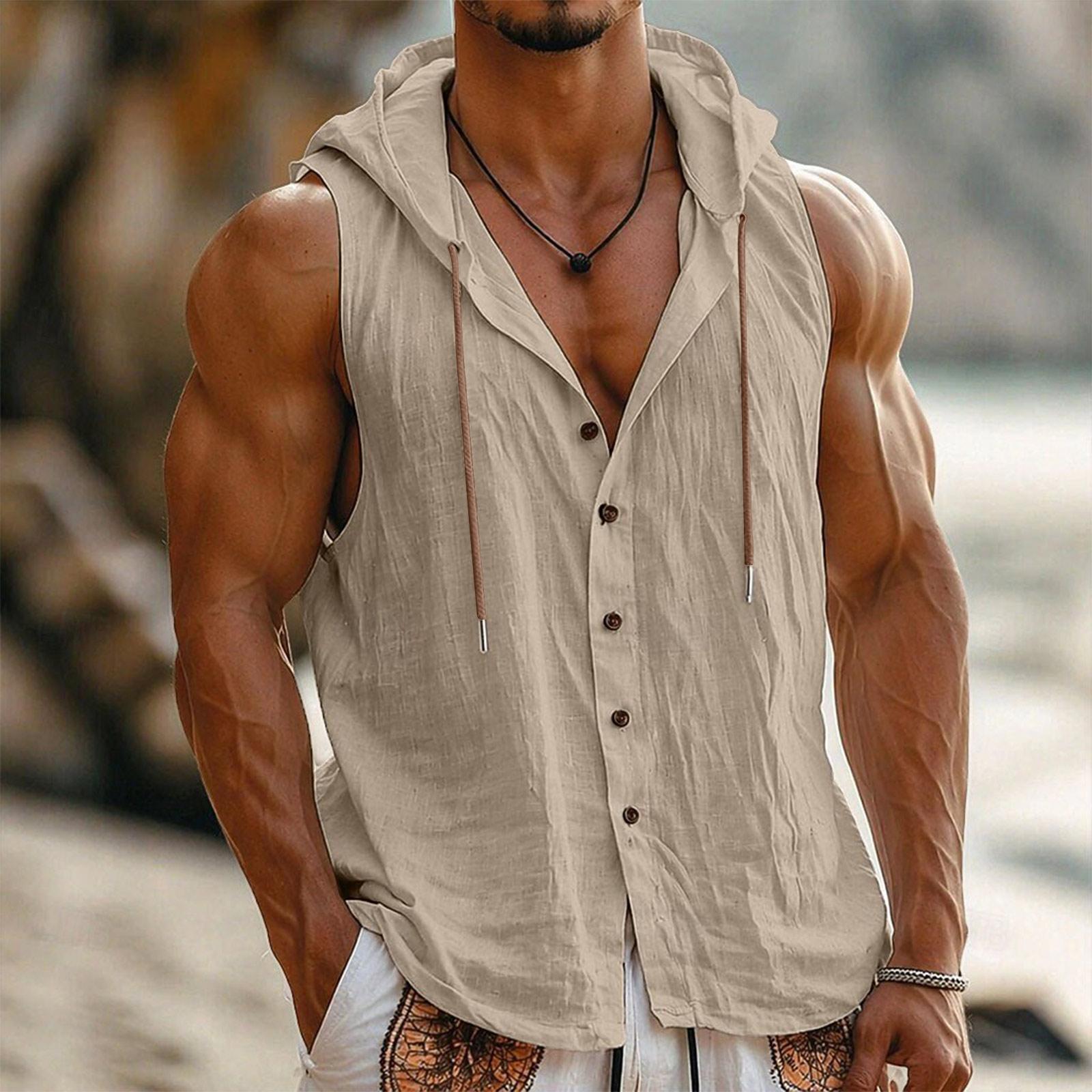 

Men Sleeveless Hooded Vest Button Front Linen Cotton Blend Casual Lightweight Summer Shirt Outerwear L хаки