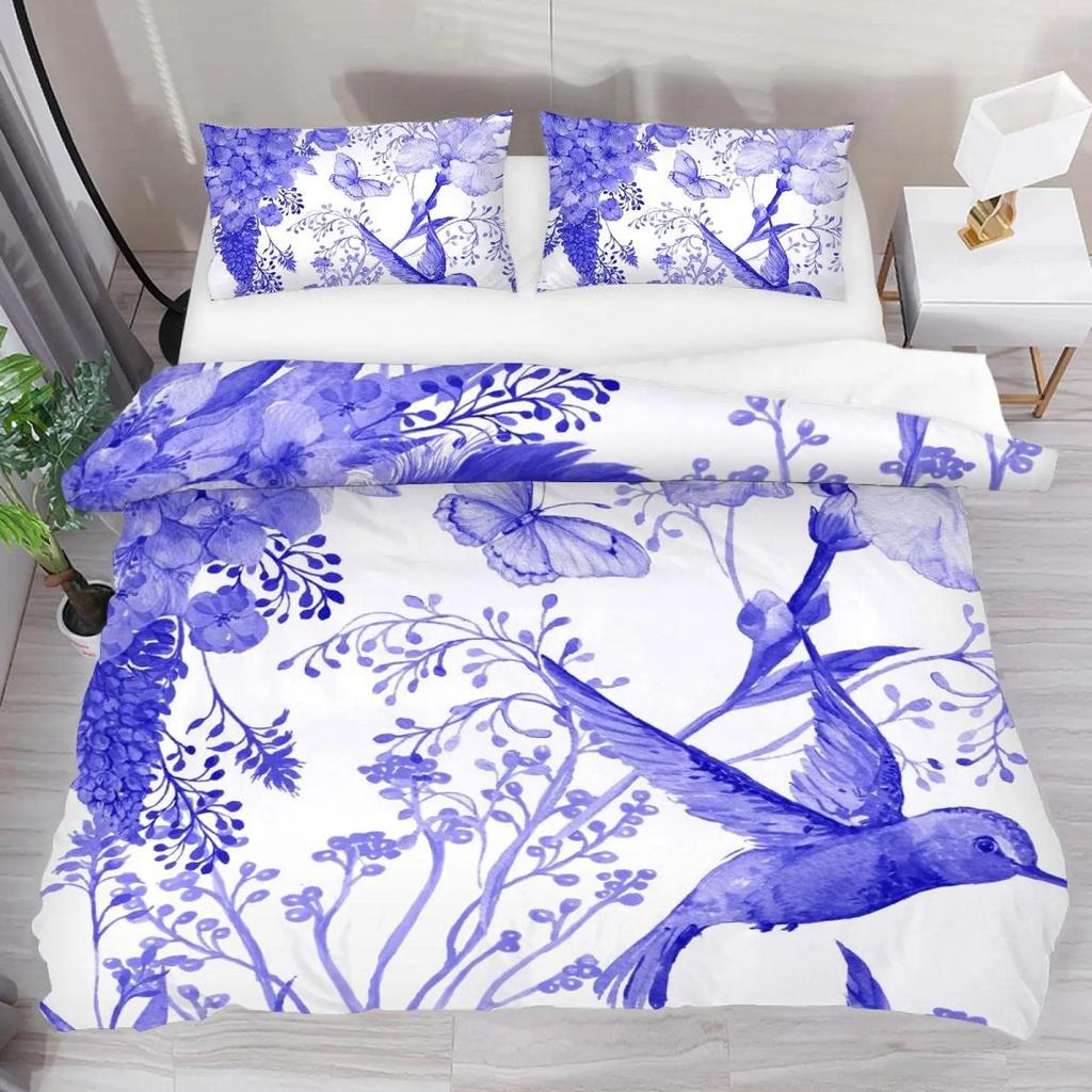 Kolibri påslakan med virvlande blad och blommor, med vårtema, dekorativa sängkläder, blek elfenben, rumsdekoration, kvinnor