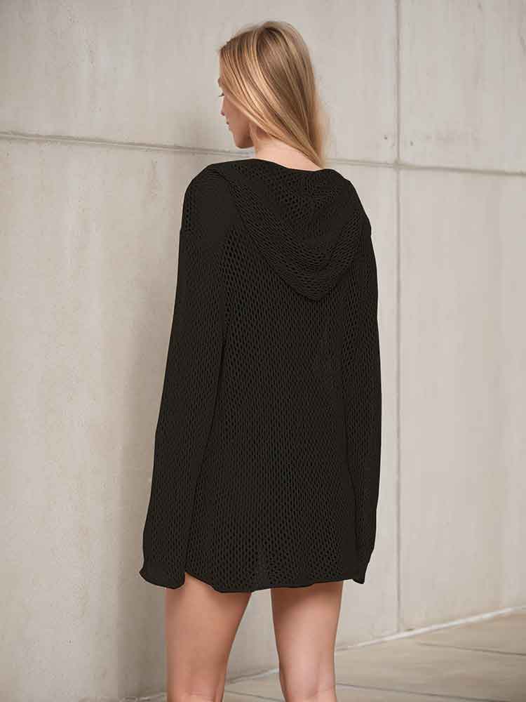 EDOLYNSA Sexy Women's Knitted Casual V-neck Hooded Long Sleeve Beach Mini Dress Hollow Out Beachwear Tunic 2024 Summer Vacation Swimsuit Cover Up K4