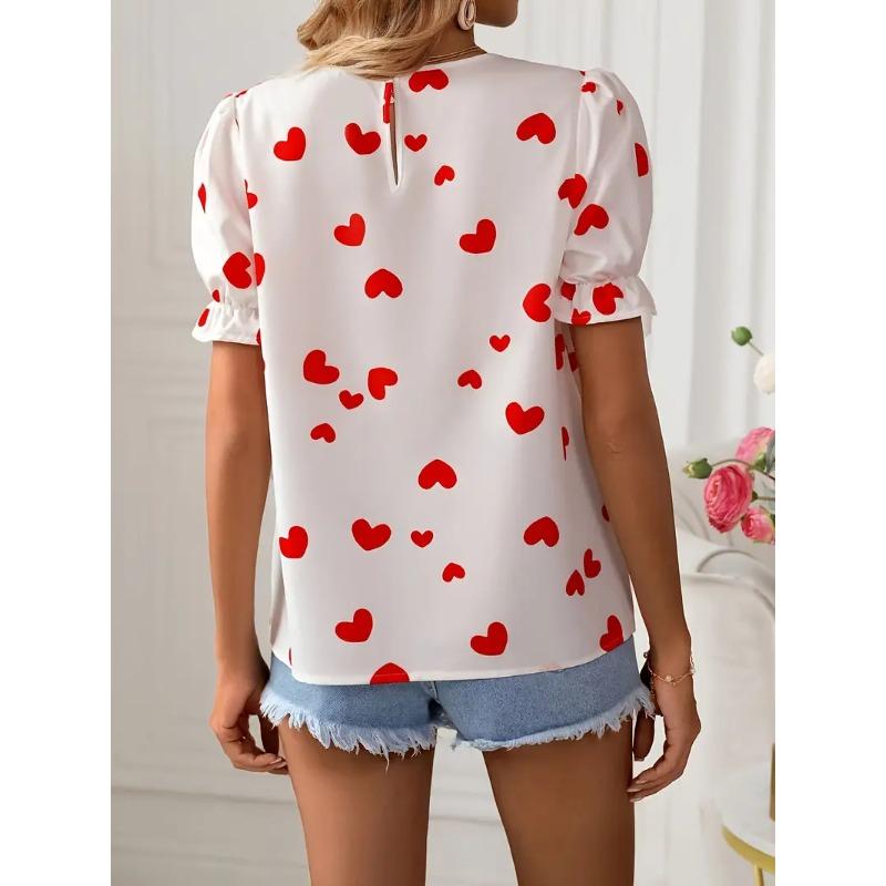 Dames Zomer T-shirt met Ronde Hals en Korte Mouwen met 3D Modieuze Liefdeshart Print Casual Top Machinewasbaar Geschikt voor Dagelijks Buiten Dragen