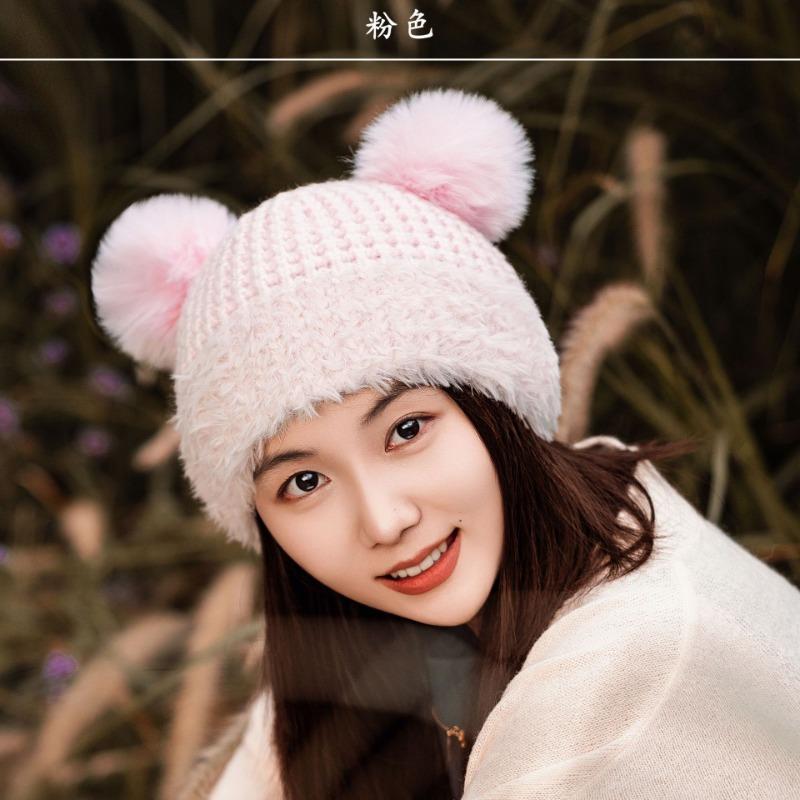

Зимняя теплая вязаная шапка для девочек, милый помпон, веер, ретро, толстая вязка, косы, защита ушей, шерстяная шапка One Size розовый