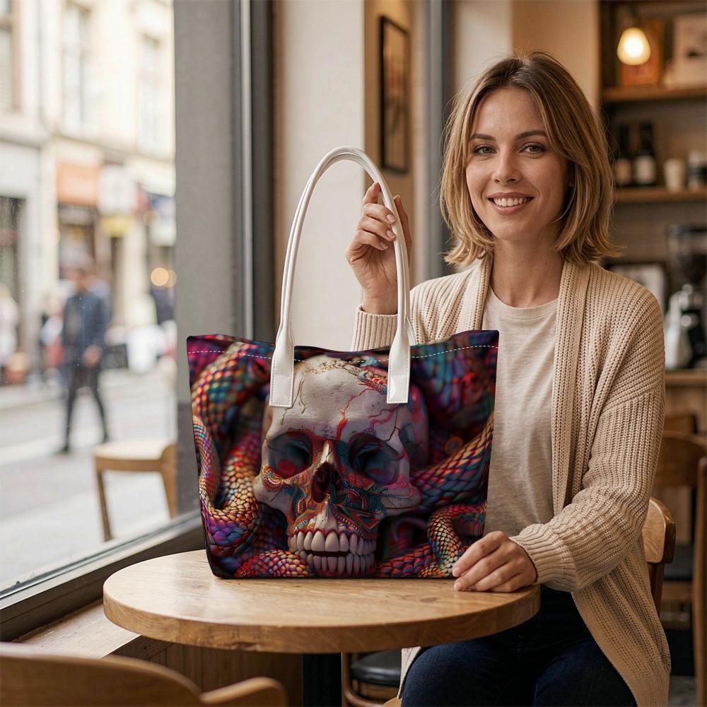 Gothic Skull Snake Pattern Tote Bag Unique Dark Style Daily Carry Handbag For Streetwear