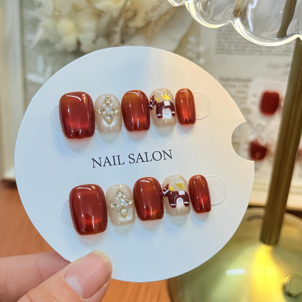 Instantly Rich Red Handmade Press-On Nails: Elegant Wedding & Festive New Year Nail Art for a Beautiful Complexion.
