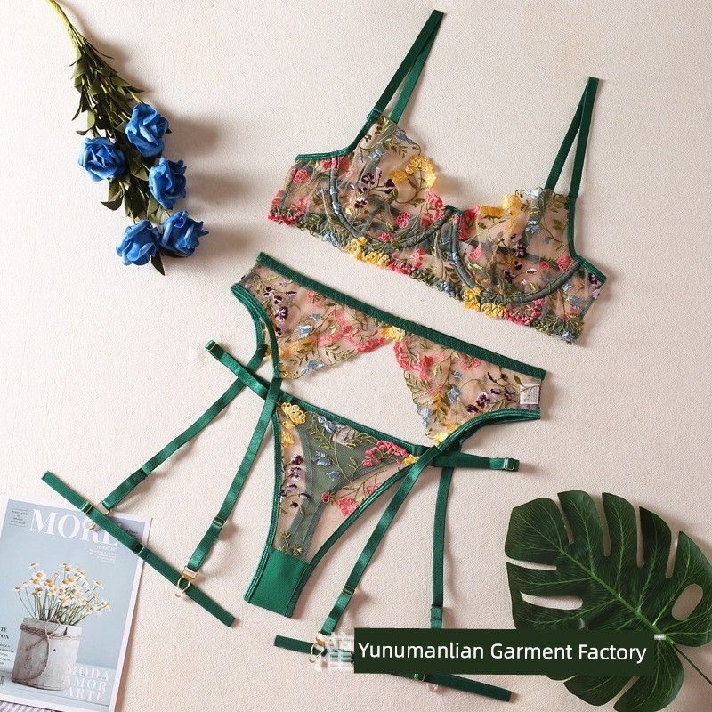 

2025 Бутик Европейский и Американский Новый Вышивка Разноцветный Цветочный Бретелька Бюстгальтера Стальное Кольцо Перспективное Нижнее Белье Комплект из Трех Предметов Emerald green S