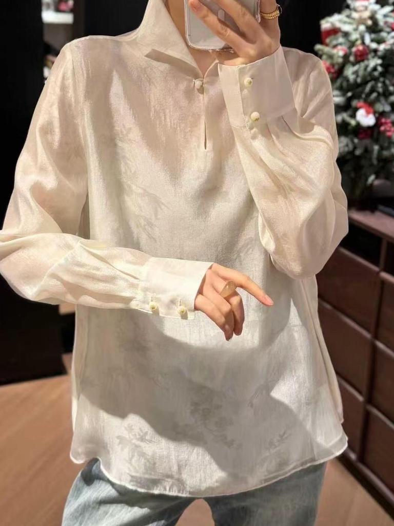 Rongtai Women's Elegant Spring 2026 Jacquard Dark Pattern Loose Shirt with Half-Open Collar