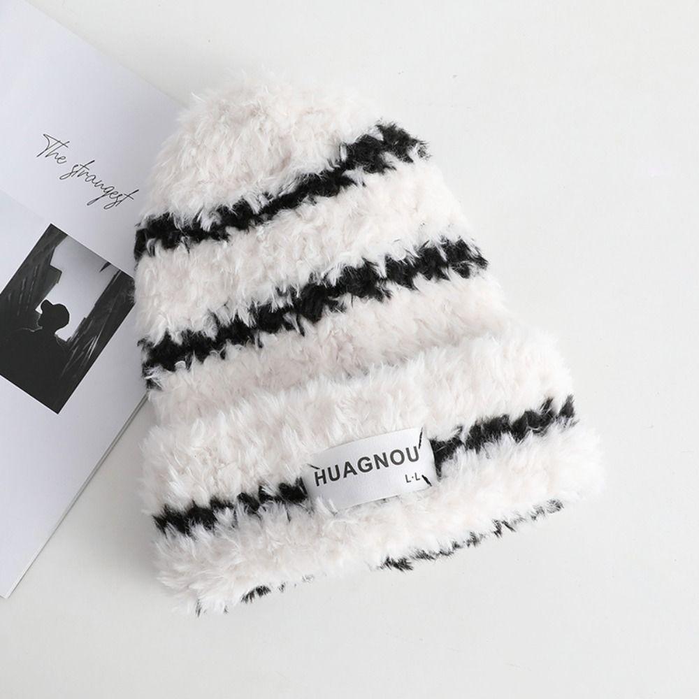 Warm Plush Pullover Hat Plush Winter Cap Fashion Stripe Hat  Safety Helmet
