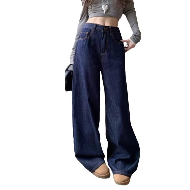 High-Waist Plus-Size Dark Blue Wide-Leg Jeans for Women - 2024 Autumn Floor-Length Style