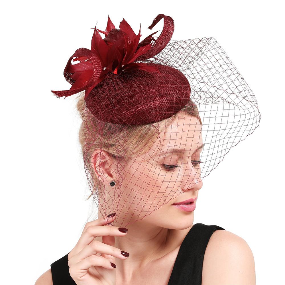 European And American Retro High-Quality Hemp Yarn Headgear Catwalk Bride Feather Hair Accessories Burgundy Top Hat