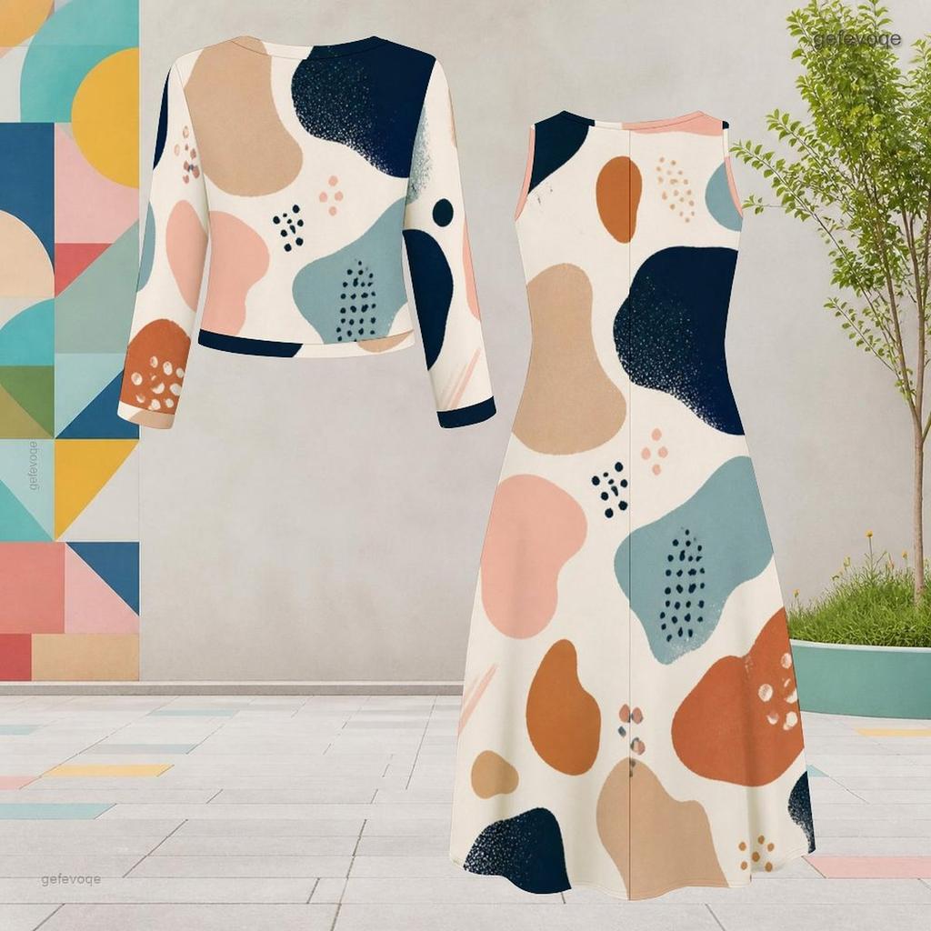 Women Plus Size Two Piece Dress Set Round Neck Long Sleeve Abstract Printed Cardigan Sleeveless Midi Dress