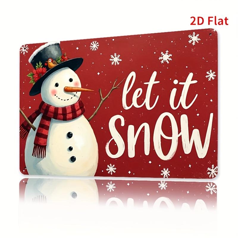 Retro Red Christmas Snowman Metal Sign  Flat Let It Snow Wall Decor with Checkered Scarf Snowman Holly Berries 20x30cm（7.8x11.8inch）