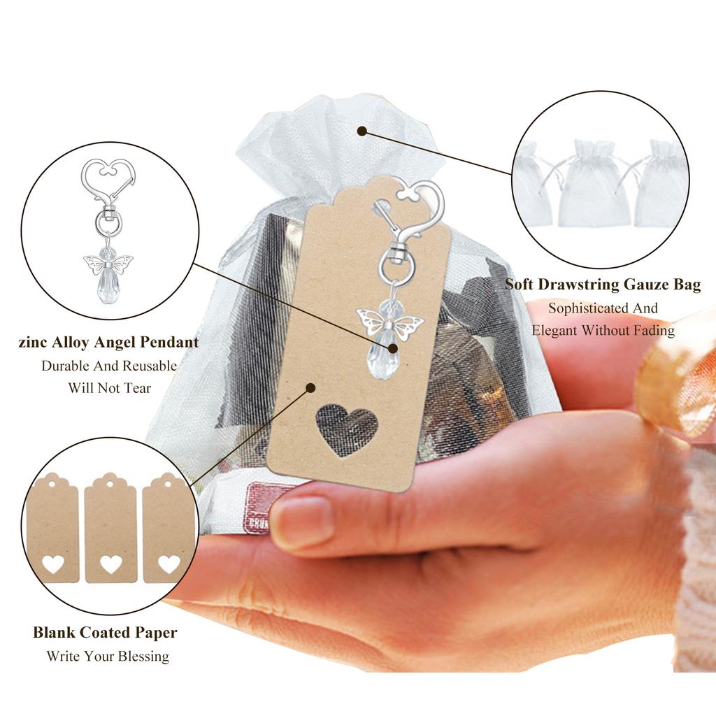 30 Set Guardian Angel Pendant With Angel Keychains Organza Bags Kraft Paper Labels For Shower Party