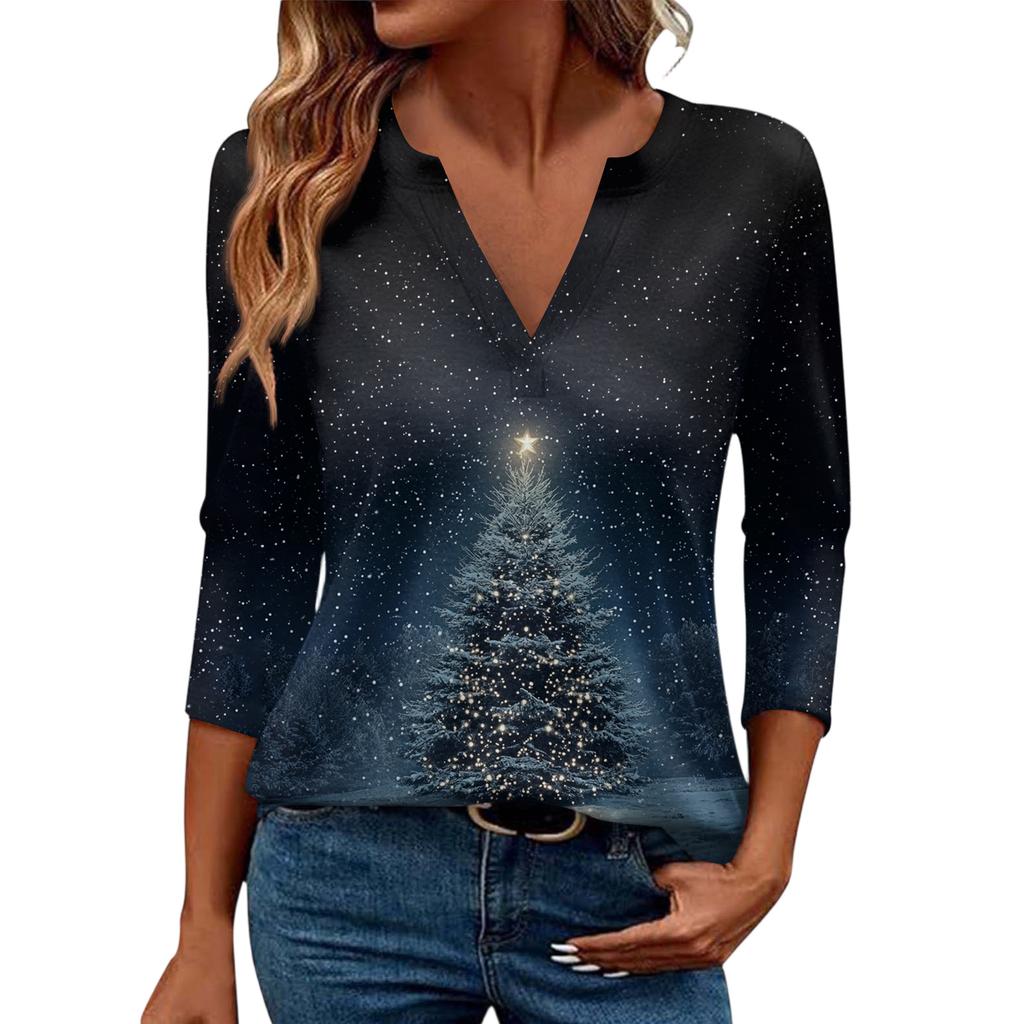 Women's Casual Fashionable Sexy Comfortable V-Neck Christmas Three-Quarter Sleeve Top