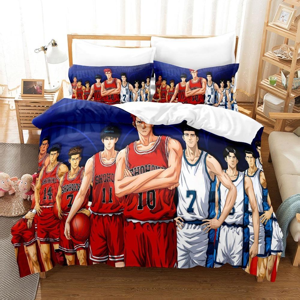 Anime Basketball Theme Microfibre Bedding Sets, Children's Bed Linen with Zip Room Decor Duvet Cover for Teenagers Adult 3-Piece