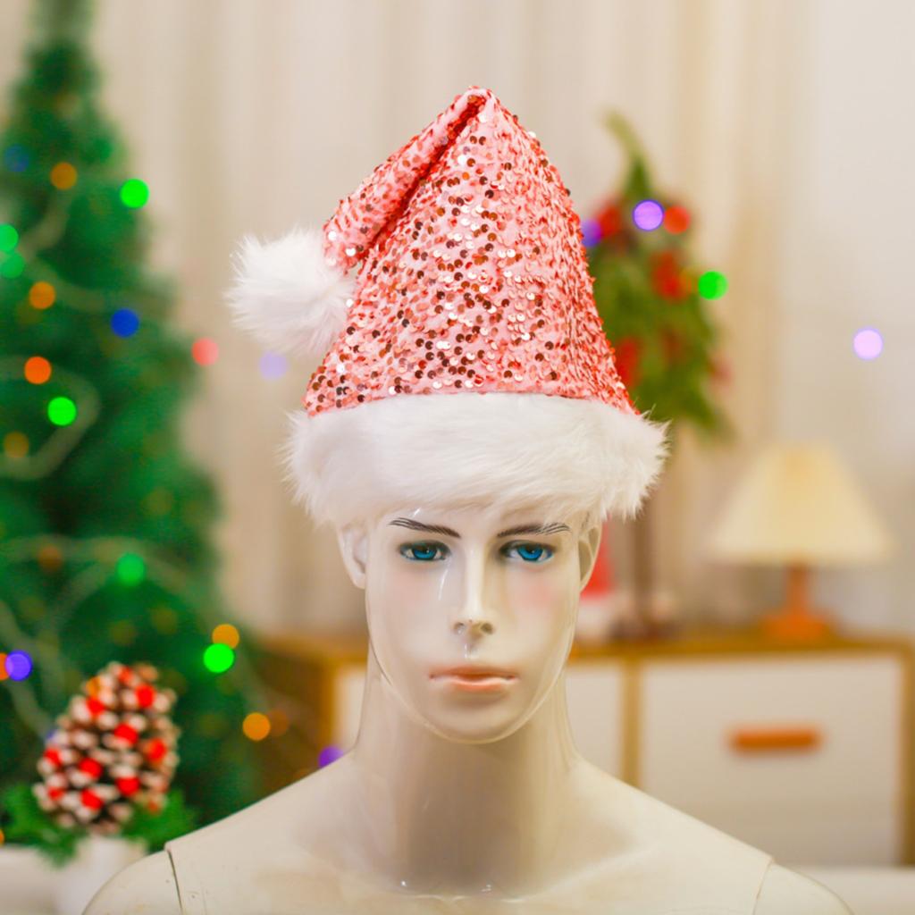Sequin Plush Trim Santa Hat Christmas Holiday Party Costume Accessory Festive Headwear for Seasonal Celebrations and Events