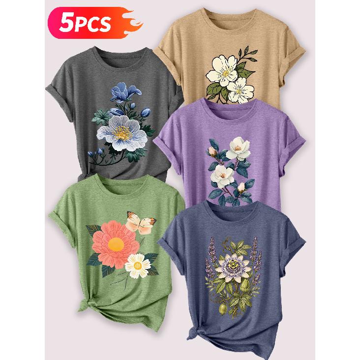Follow a specific direction Five-piece set for women T Shirt Vintage Floral Illustration Print Summer Casual Elegant Women's Clothing Short Sleeve