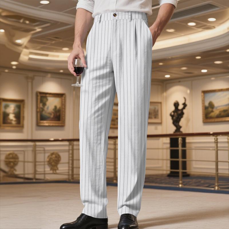 Spring and Autumn Linen Men's Casual Pants Loose Breathable Simple Striped Suit Pants