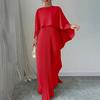 Women's Pleated Flowy Maxi Dress Split Cape Sleeve Formal Wedding Guest Dress Cocktail Evening Party Long Dress
