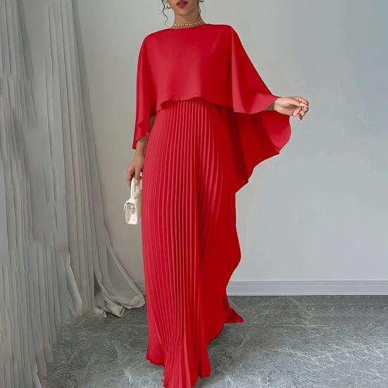 Women's Pleated Flowy Maxi Dress Split Cape Sleeve Formal Wedding Guest Dress Cocktail Evening Party Long Dress