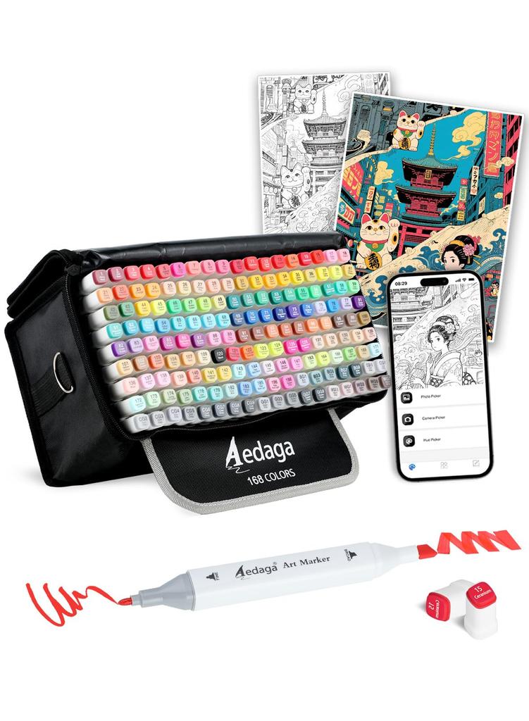 Aedaga Series Marqueur Alcool 168 Marqueurs d'Illustration avec Application de Peinture et Support pour Adultes et Enfants Ensemble, Couleurs, Étui,