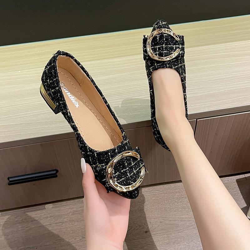 Xiaoxiangfeng square heel single shoes spring and autumn new shallow mouth pointed high heels Doudou shoes shoes