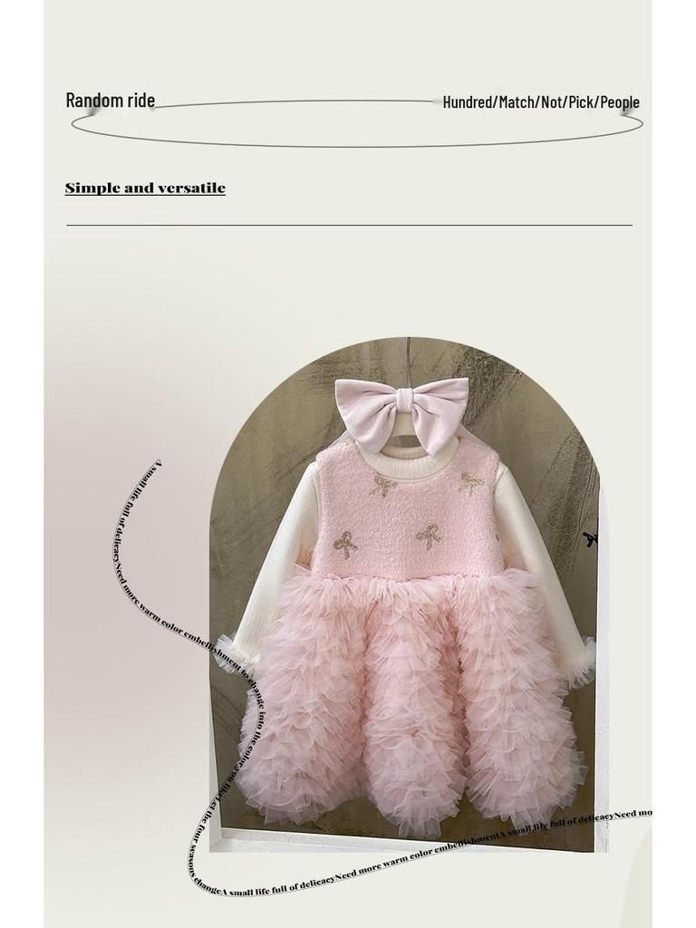 2025 Winter Red Velvet Mesh Princess Dress for Toddlers with Bowknot