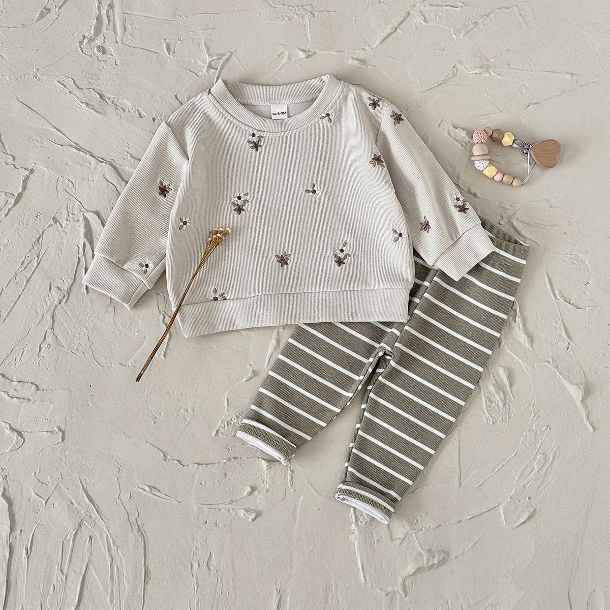 

Двухпредметный костюм-худи с вышивкой мелкими цветами для девочек, весна/осень 2025: Детская одежда с круглым вырезом 6-9 Months хаки