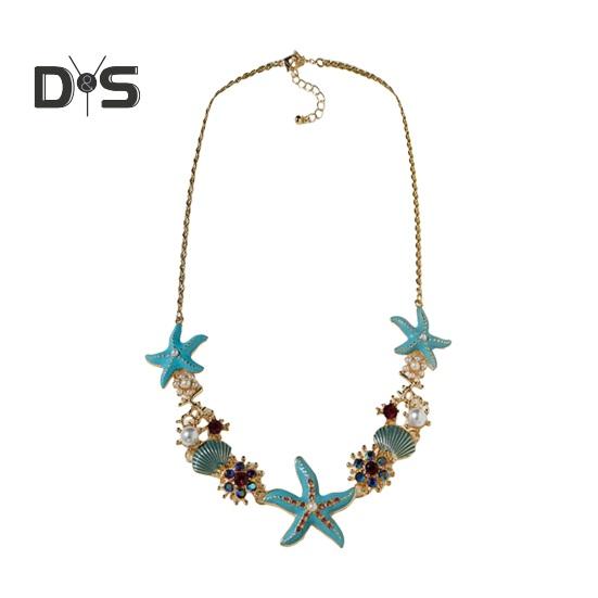 

Преувеличенное женское ожерелье на тему океана, морская звезда, коралловая ракушка, ажурный искусственный жемчуг, декор со стразами, регулируемая длина, женские украшения для отдыха на пляже, шеи синий