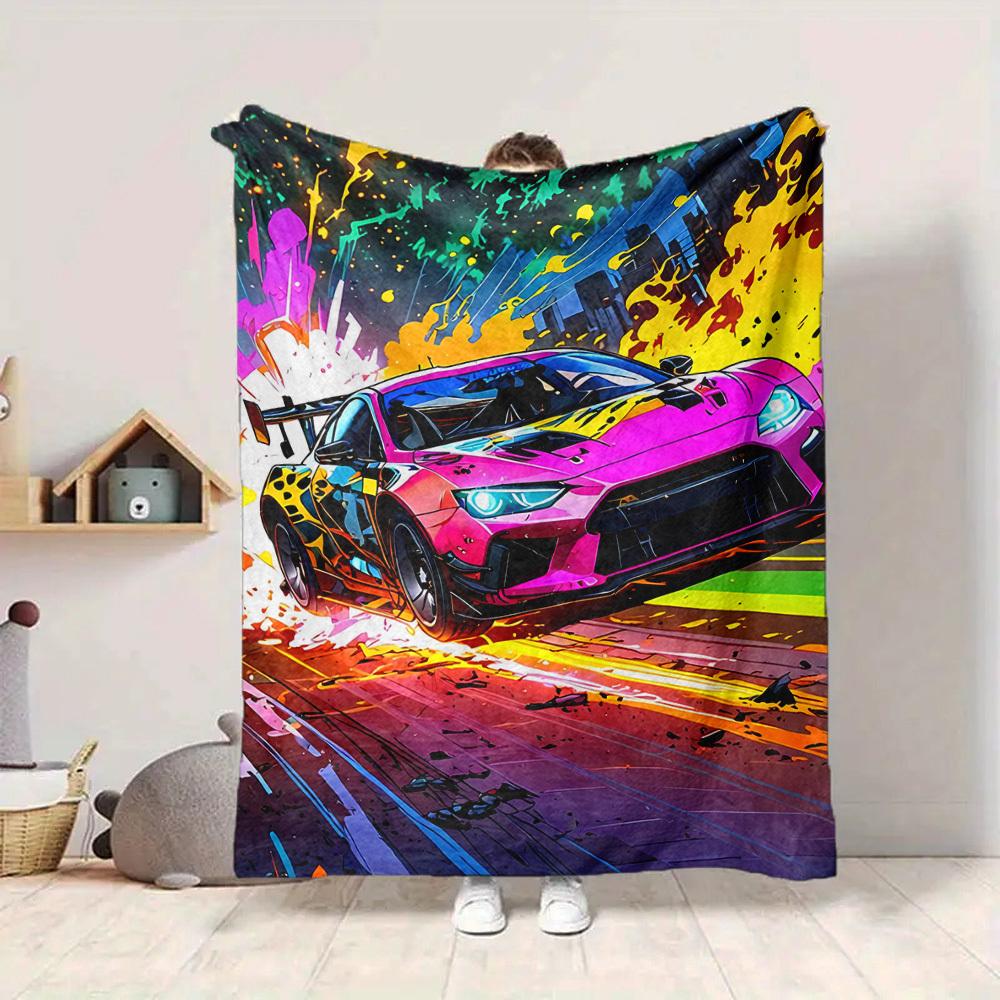 1PC Racing Car, Urban Art Blanket Soft Warm All Season Throw for Sofa, Bed, Car, Office Vibrant Colorful Design, Durable & Cozy Gift