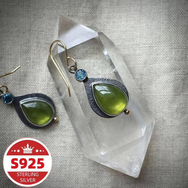 Sterling Silver Inlaid Green Stone Dangle Earrings, Vintage Jewelry for Women, Perfect Gift for Valentine's Day Mother's Day