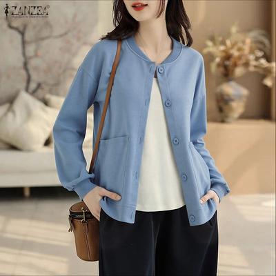 Frühling Damen Langarm Knöpfe Einfarbig Bluse Strickjacke Oberteile