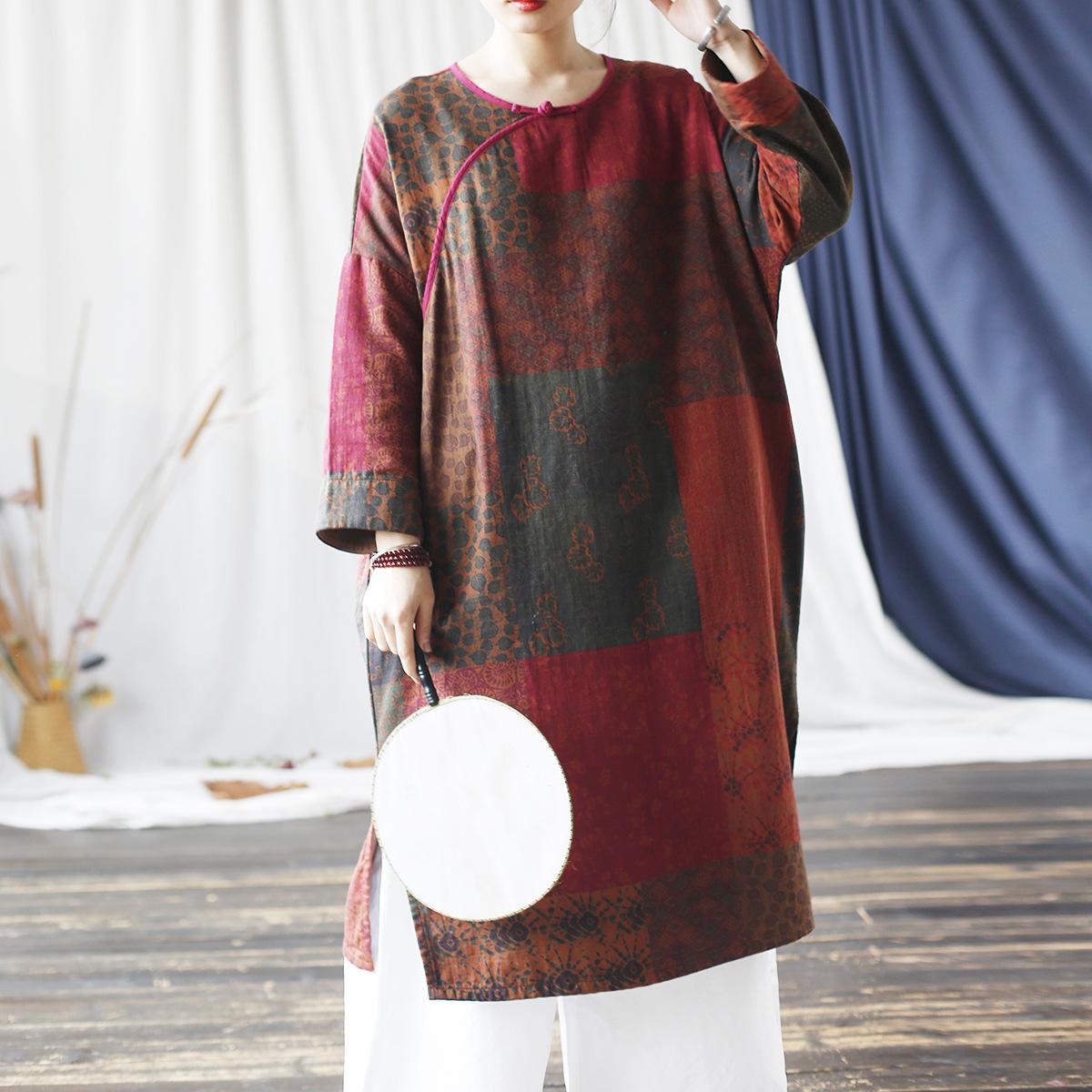 

Johnature женское винтажное платье с цветочным принтом и круглым вырезом с длинными рукавами, хлопковые халаты, весенние свободные платья трапециевидной формы в китайском стиле One Size кофейный