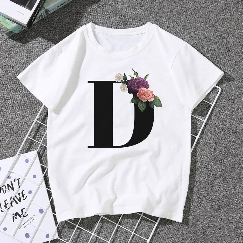 A B C D E English Alphabet Print T Shirt Women Short Sleeve Couples Lovers Female