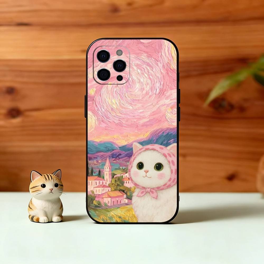 Pink Oil Painting Style Cat Phone Case For iPhone 17, 16,15,14,13,12,11 Plus,Pro Max, Others Soft Black Cover