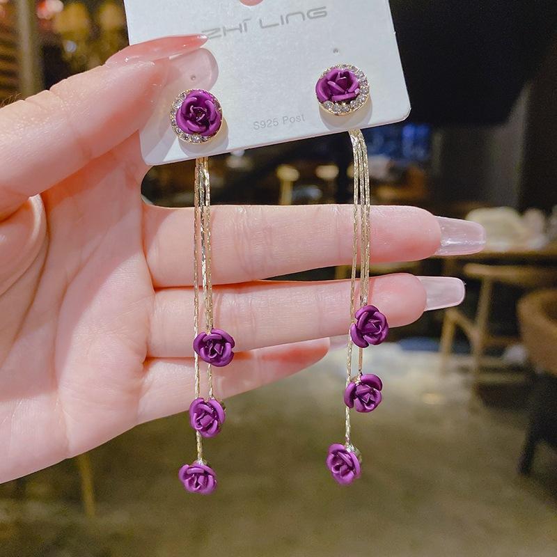 Silver needle red rose fringed earrings women's tide simple niche design showing face thin earrings earrings
