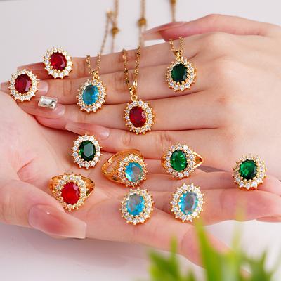 Luxury Colorful Oval Zircon Pendant Necklace Stud Earrings Adjustable Rings for Women Classic Simple Party Wedding Jewelry Set