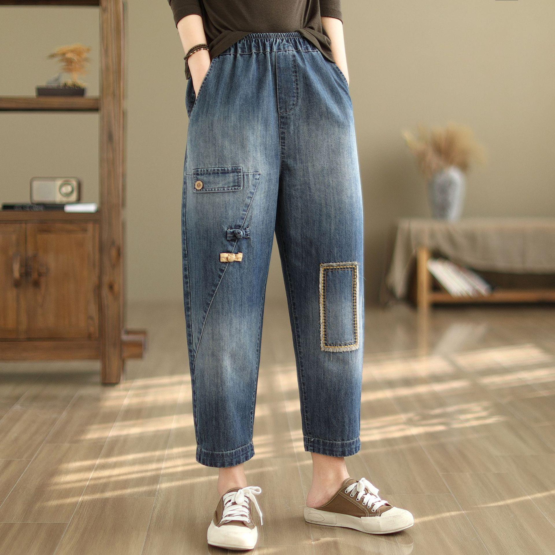 

Женские вышитые гаремные брюки с котенком - Повседневные свободные джинсы длиной восемь восьмых больших размеров для весны/лета XL (Waist 145-165 cm)