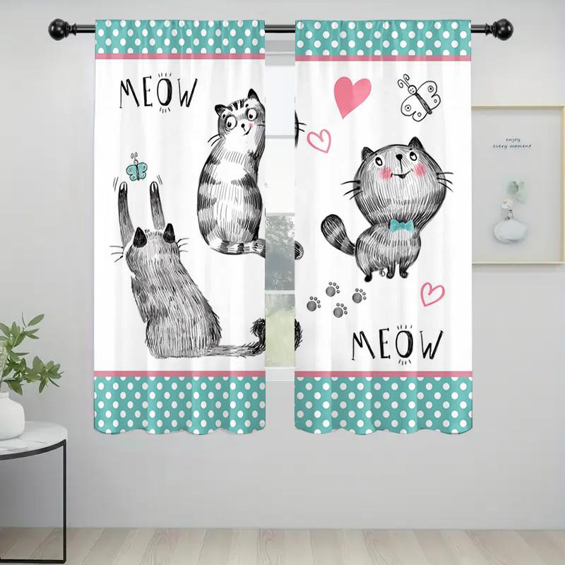 2Pc Cute Cat Curtains With Meow Print, Teal Polka Dot Borders,Whimsical Drapes For Kids Room,Nursery,Living Room & Bedroom Decor