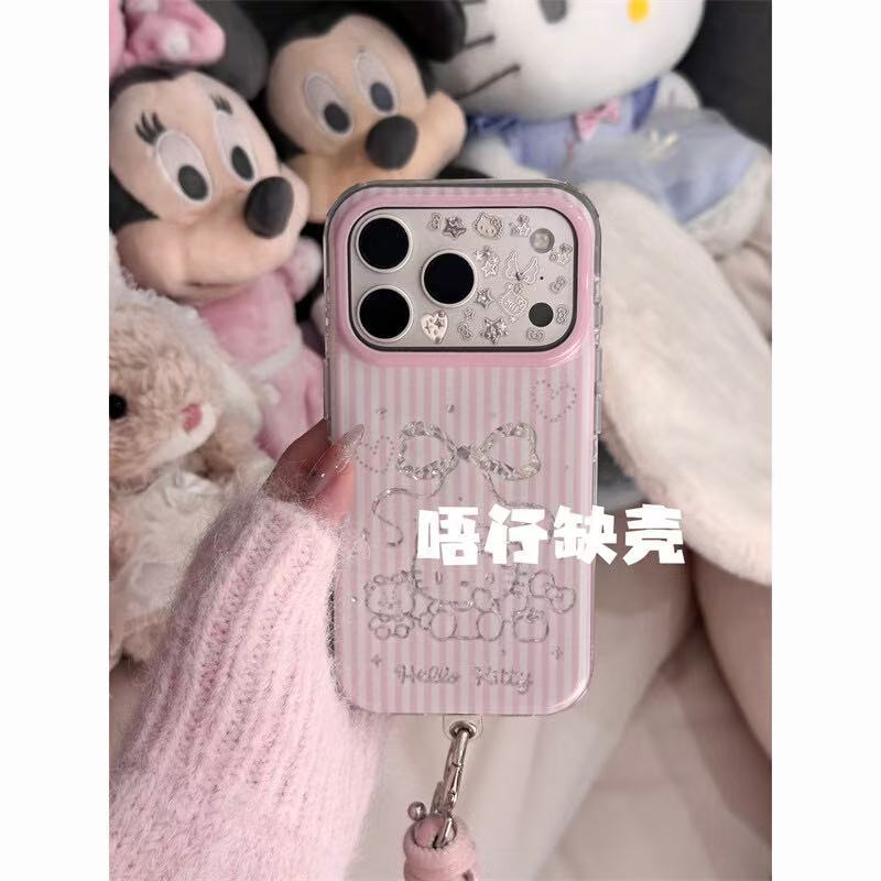 Cute Vermicelli Pattern Bow Bear Cat Round Edge Double Layer Apple Suitable for 17promax/16/15 Mobile Phone Case