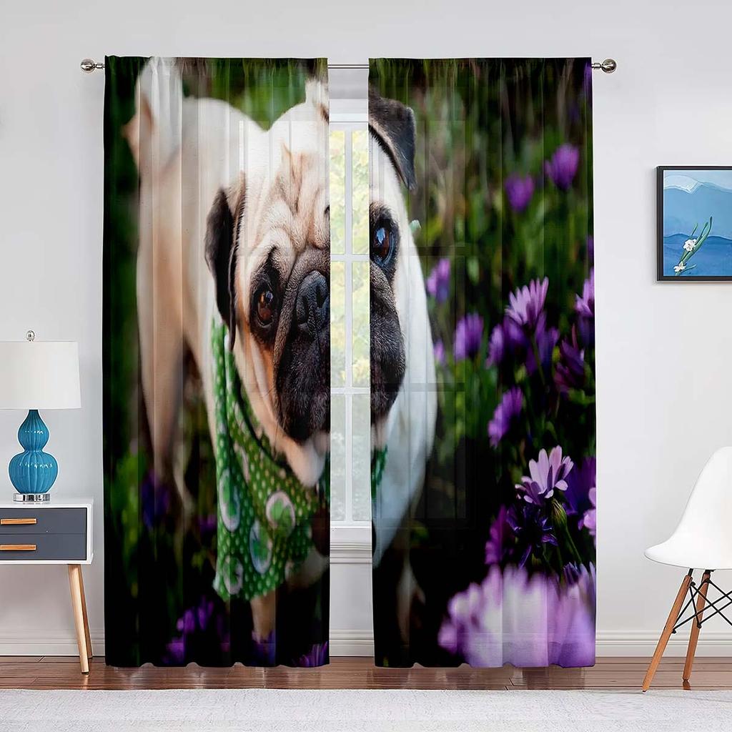 Cute Puppy Pug Dog Twins Tulle Curtains for Living Room Bedroom Home Kitchen Animals Window Sheer Voile Curtains Chiffon Drapes