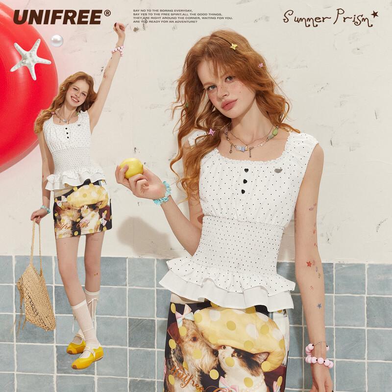 UNIFREE American Retro Polka Dot Ruffle Slim Tank Top L