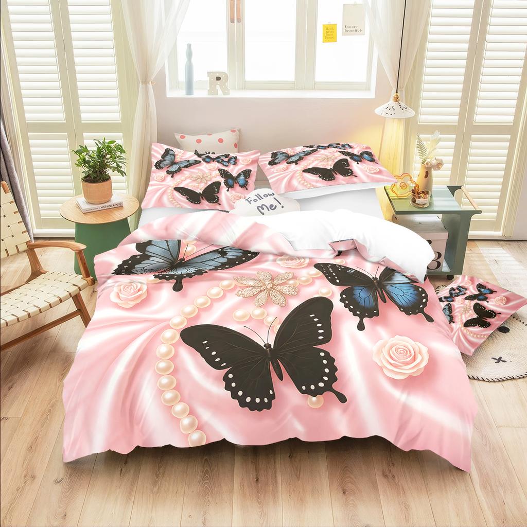 Comforter 3Pcs Pink Bedding Set Rose Butterfly 3D Printed Cozy Soft King Queen Twin Size Birthday Gift For Adult Bedroom Decor