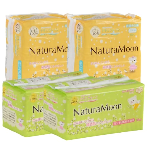 

NaturaMoon Sanitary Napkins, Daytime, 4-Pack Set (2 Packs Without Wings for Regular Days, 2 Packs with Wings for Heavy Days)