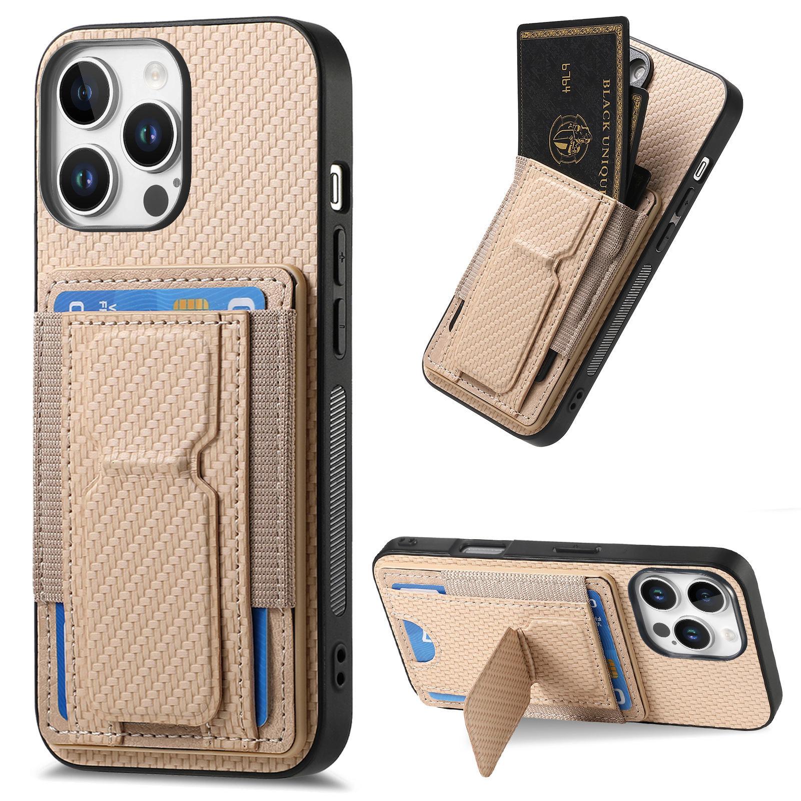 

For iPhone 16 Pro Case with Card Holder Kickstand Fiber Pattern Leather Back Cover Beige