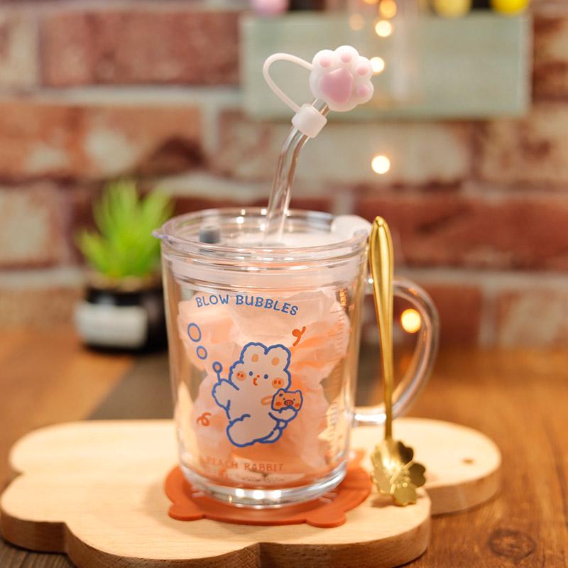 Children's Heat-Resistant Cute Cartoon Straw Glass Cup with Handle and Measurement Scale